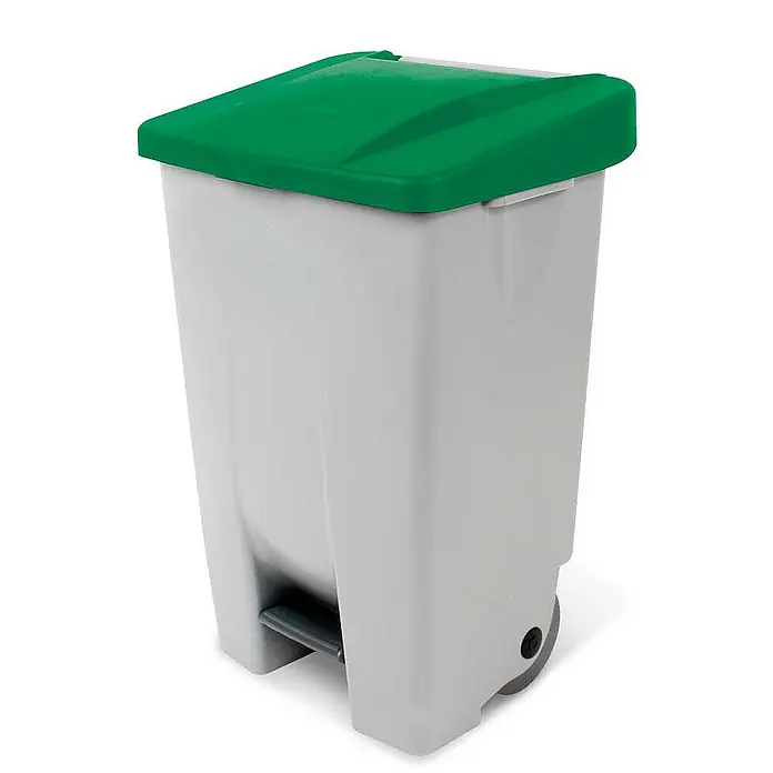 BRB Treteimer BRB Tretabfalleimer mit Rollen, 80 Liter, HxBxT 74x49x42 cm, grau/grün - 80 l, Kunststoff - Hellgrauer, rechteckiger Abfalleimer mit grünem Tretschrittdeckel und Rollen.