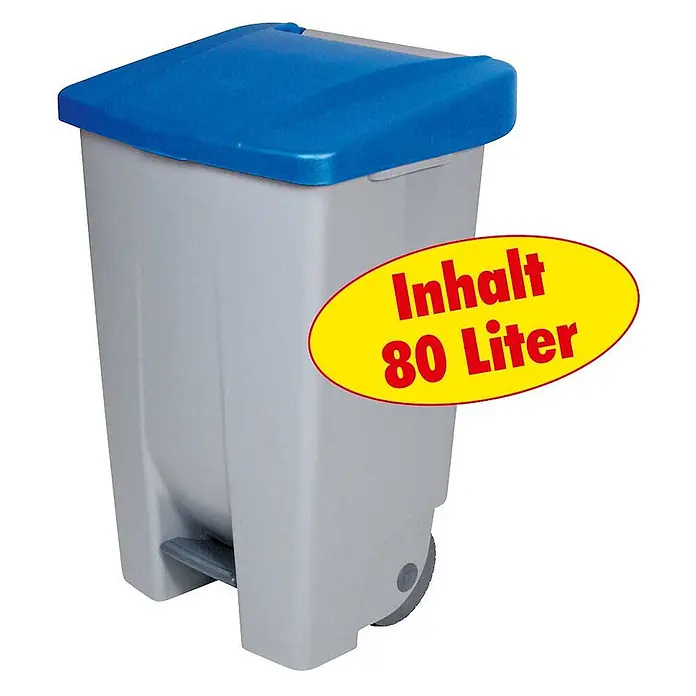 BRB Treteimer BRB Tretabfalleimer mit Rollen, 80 Liter, HxBxT 74x49x42 cm, grau/blau - 80 l, Kunststoff - Grauer Abfalleimer mit blauem Deckel, Fußpedal und Rollen, 80 Liter Fassungsvermögen.