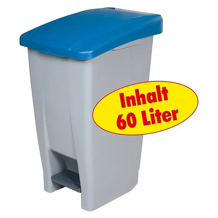 BRB Treteimer Tretabfalleimer mit Rollen, 60 Liter, HxBxT 70x38x49 cm, grau/blau - 60 l, Kunststoff, grau/blau - Grauer Treteimer mit blauem Deckel, 60 Liter Fassungsvermögen.