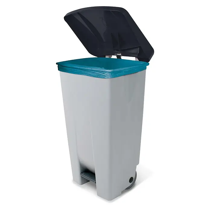 BRB Treteimer BRB Abfalleimer mit Rollen, 120 Liter, HxBxT 88x51x43 cm, grau/schwarz - 120 l, Kunststoff - Grauer, rechteckiger Treteimer mit schwarzem offenem Deckel und türkisem Müllsack. Mit Fußpedal und Rollen.