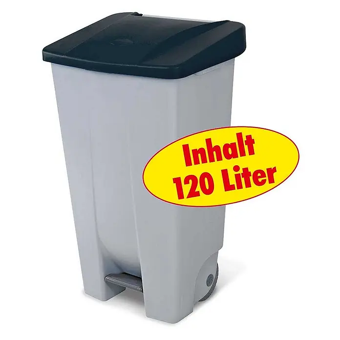 BRB Treteimer BRB Abfalleimer mit Rollen, 120 Liter, HxBxT 88x51x43 cm, grau/schwarz - 120 l, Kunststoff - Hellgrauer Tretmülleimer mit dunkelgrauem Deckel, 120 Liter Fassungsvermögen, Fußpedal und Rollen.