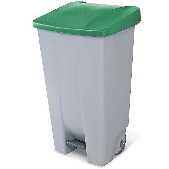 BRB Treteimer BRB Abfalleimer mit Rollen, 120 Liter, HxBxT 88x51x43 cm, grau/grün - 120 l, Kunststoff - Grauer Plastik-Treteimer mit grünem Deckel, Fußpedal und Rollen zur einfachen Müllentsorgung.