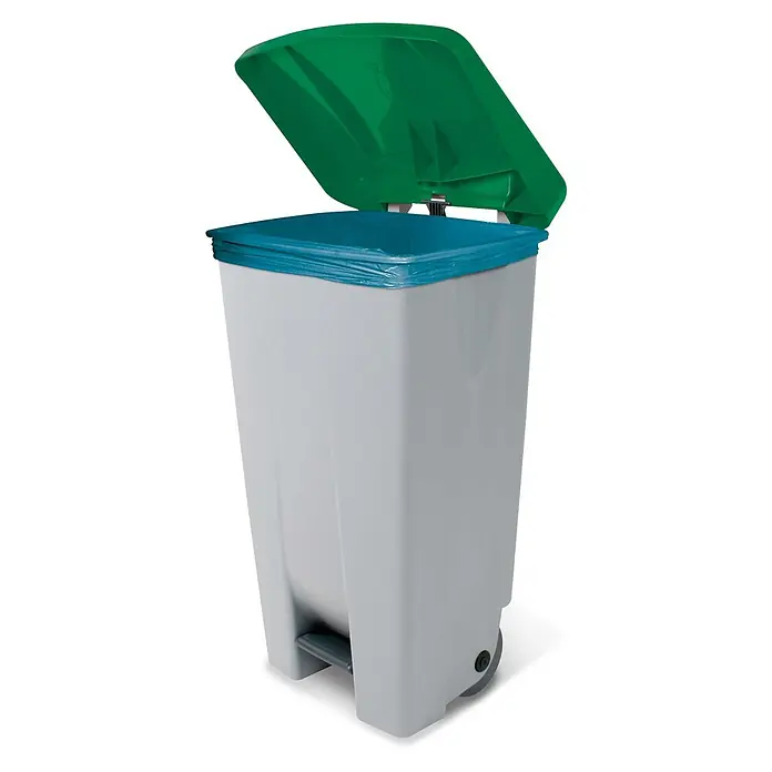 BRB Treteimer BRB Abfalleimer mit Rollen, 120 Liter, HxBxT 88x51x43 cm, grau/grün - 120 l, Kunststoff - Hellgrauer Treteimer mit leicht geöffnetem grünem Deckel und blauem Müllsack, mit Rad.