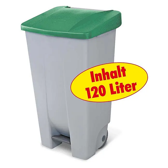 BRB Treteimer BRB Abfalleimer mit Rollen, 120 Liter, HxBxT 88x51x43 cm, grau/grün - 120 l, Kunststoff - Graue Mülltonne mit grünem Deckel, Fußpedal und Rollen, 120 Liter Volumen.