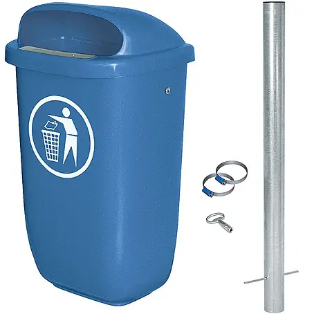 BRB Abfallbehälter für den Außenbereich, Inhalt 50 Liter, nach DIN 30713, im Komplettset mit verzinktem Rohrpfosten und Schellen (blau)