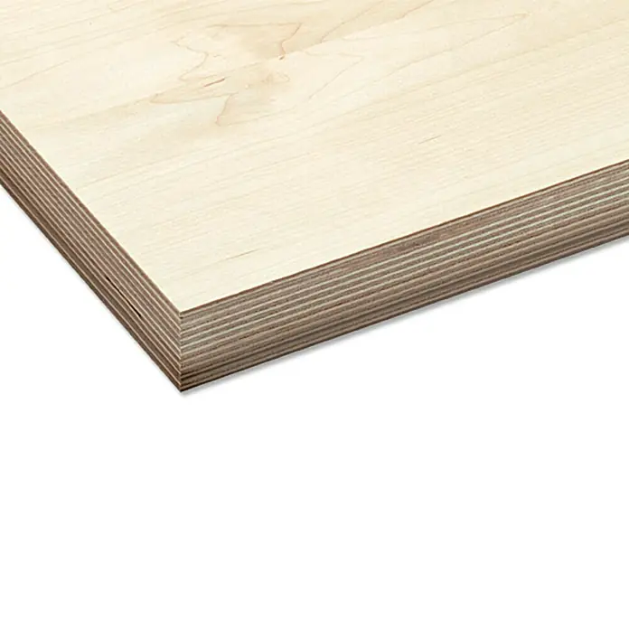 Multiplexplatte nach Maß - Birke, L x B: 3.000 x 1.500 mm, Stärke: 18 mm - Nahaufnahme einer Platte aus hellem, geschichteten Birkenholz mit sichtbarer Maserung und Kante.