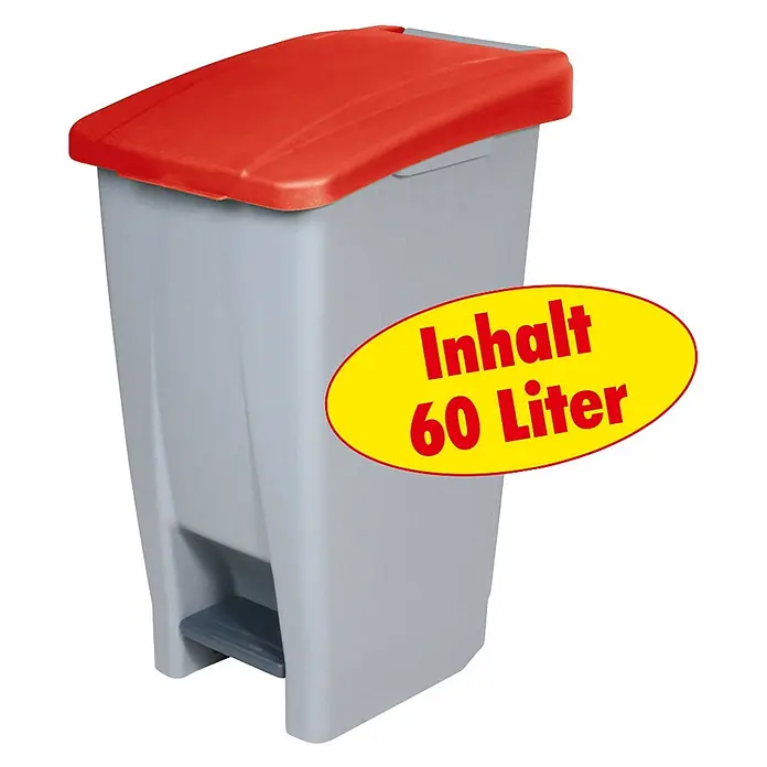 BRB Treteimer Tretabfalleimer mit Rollen, 60 Liter, HxBxT 70x38x49 cm, grau/rot - 60 l, Kunststoff, grau/rot - Grauer Treteimer mit rotem Deckel und 60 Liter Fassungsvermögen, ideal für die Müllentsorgung.