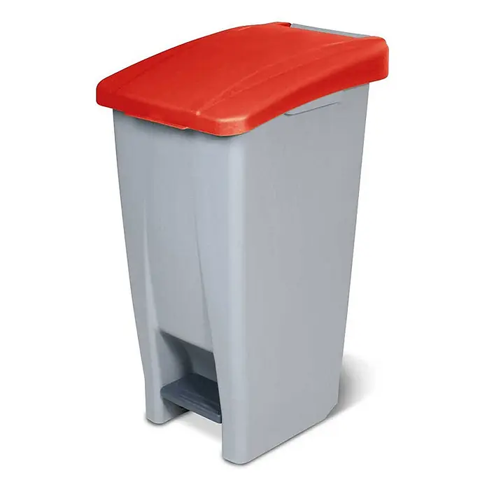 BRB Treteimer Tretabfalleimer mit Rollen, 60 Liter, HxBxT 70x38x49 cm, grau/rot - 60 l, Kunststoff, grau/rot - Grauer Kunststoff-Abfalleimer mit rotem Deckel und Fußpedal für berührungsloses Öffnen.