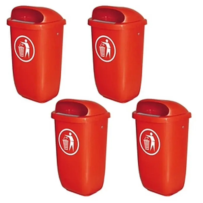 BRB Papierkorb 4 Abfallbehälter für den Außenbereich, 50 Liter, nach DIN 30713 - 50 l, Kunststoff, rot - Vier rote Kunststoff-Wandmülleimer mit Abfall-Symbol.
