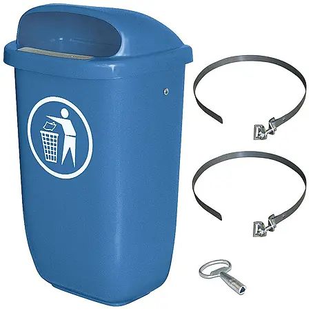 BRB  Papierkorb Abfall-Behälter Außenbereich, Inhalt 50 Liter, mit Schellenband, blau
