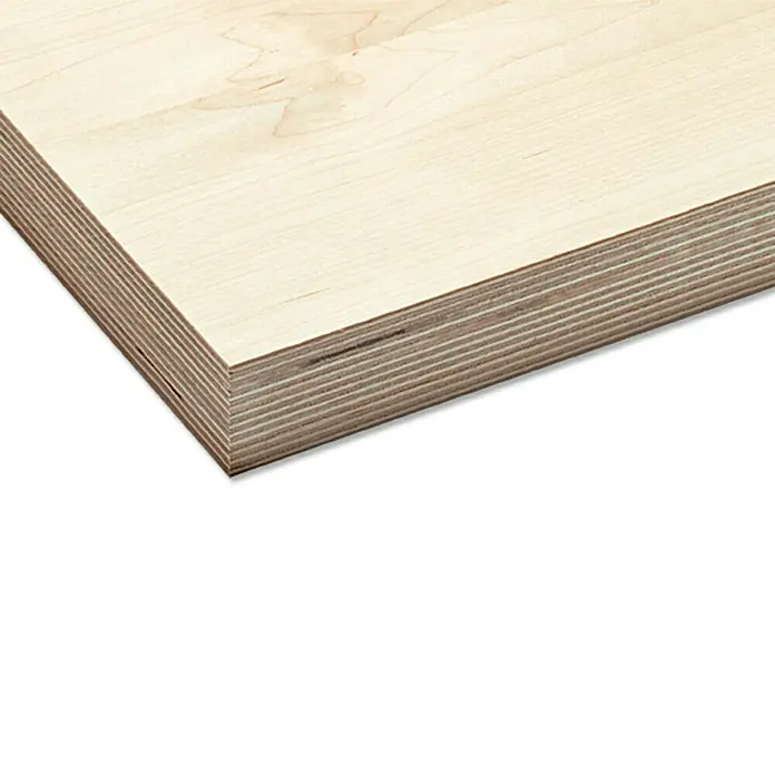Multiplexplatte nach Maß - Birke, L x B: 3.000 x 1.500 mm, Stärke: 21 mm - Nahaufnahme einer Schicht Holz, die die Schichten und die Holzmaserung des Sperrholzes zeigt.