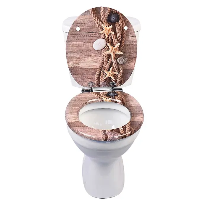 SAINOS WC-Sitz MDF WC-Sitz, Braun, Universal-O-Form, Absenkautomatik, Unten - MDF, Braun, Mit Absenkautomatik - Toilettensitz mit maritimem Design, bestehend aus Holz, Seil, Seesternen und Kieselsteinen.