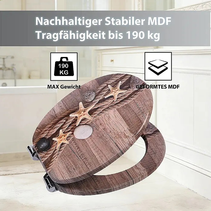 SAINOS WC-Sitz MDF WC-Sitz, Braun, Universal-O-Form, Absenkautomatik, Unten - MDF, Braun, Mit Absenkautomatik - MDF-Toilettensitz in Holzoptik mit Seilen, Seesternen und Kieselsteinen. Stabil und tragfähig bis 190 kg.
