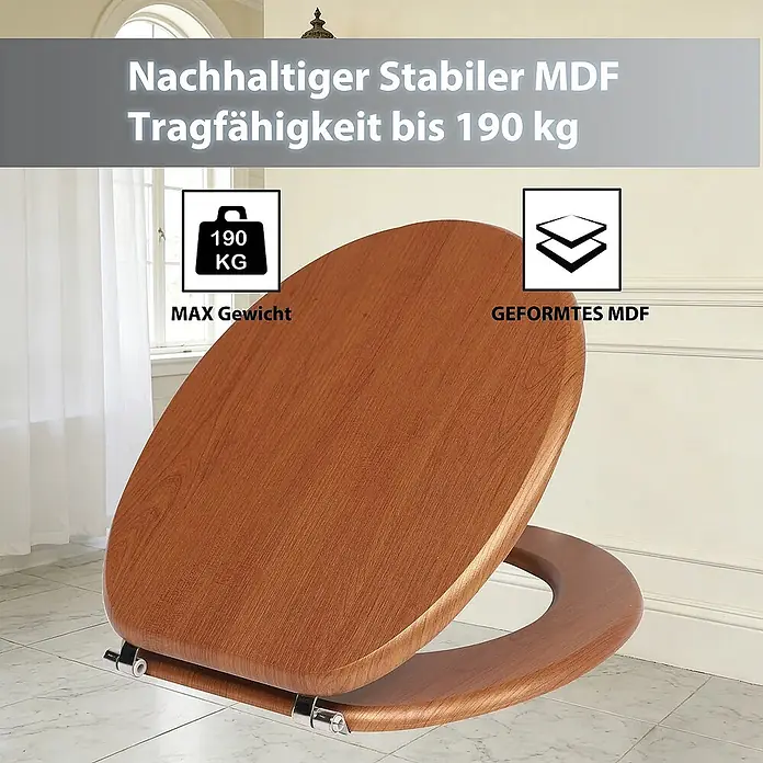 SAINOS WC-Sitz MDF WC-Sitz, Braun Holzoptik, Universal-O-Form, Absenkautomatik, Unten - MDF, Braun, Mit Absenkautomatik