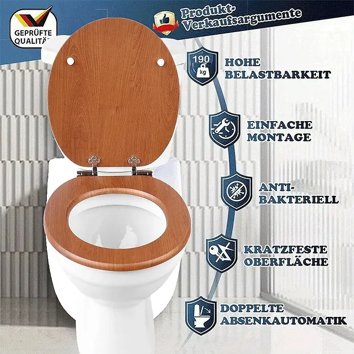 SAINOS WC-Sitz MDF WC-Sitz, Braun Holzoptik, Universal-O-Form, Absenkautomatik, Unten - MDF, Braun, Mit Absenkautomatik