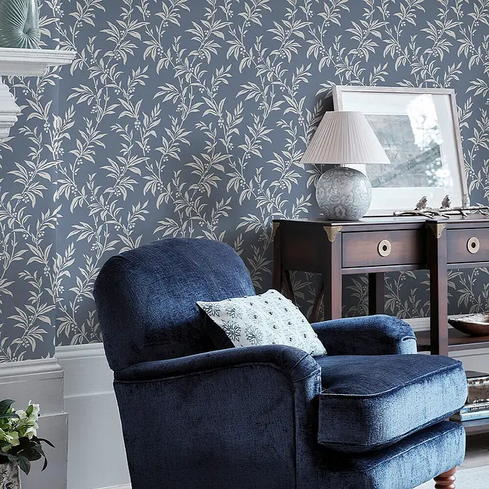 Laura Ashley Vliestapete Vliestapete Paxford Blätter - Blau, Sonstiges, 10 x 0,52 m