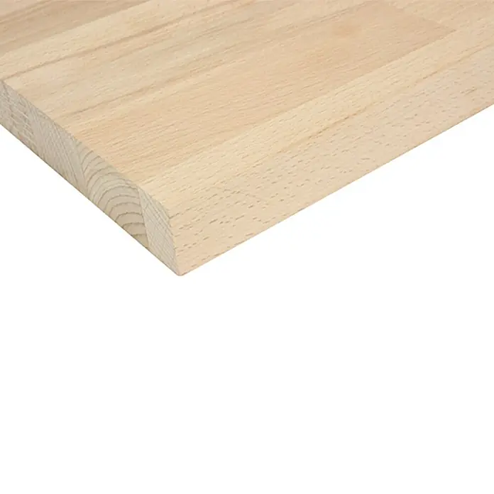 Leimholzplatte nach Maß - Buche, Qualitätsstufe Leimholzplatte: B/C, Max. Zuschnittsbreite: 1.220 mm, Max. Zuschnittslänge: 2.500 mm, Stärke: 27 mm - Nahaufnahme einer hellen Holzplatte mit Maserung. Perfekt für Möbelbau oder Bastelprojekte, zeigt die natürliche Schönheit des Holzes.