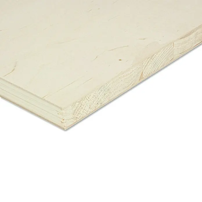 Tischlerplatte nach Maß I - Birke, Erle, L x B: 2.500 x 1.250 mm, Stärke: 18 mm - Nahaufnahme einer Sperrholzplatte mit sichtbarer Holzstruktur und verschiedenen Schichten für Bau- und Handwerksprojekte.
