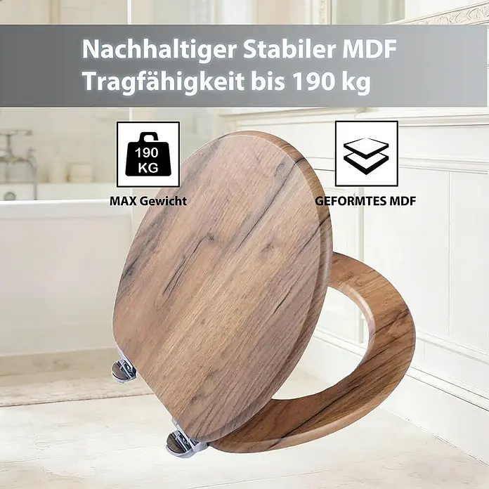 SAINOS WC-Sitz MDF WC-Sitz, Beige Holzoptik, Universal-O-Form, Absenkautomatik, Unten - MDF, Beige, Mit Absenkautomatik - MDF-Toilettensitz in Holzoptik, 190 kg Tragfähigkeit, in Badumgebung.
