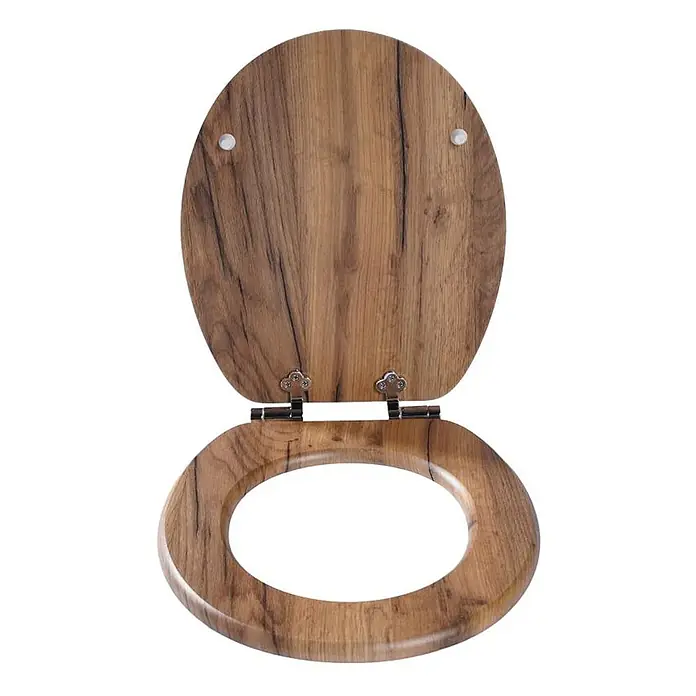 SAINOS WC-Sitz MDF WC-Sitz, Beige Holzoptik, Universal-O-Form, Absenkautomatik, Unten - MDF, Beige, Mit Absenkautomatik - Offener WC-Sitz und Deckel aus Holz mit natürlicher brauner Maserung und Chromscharnieren.