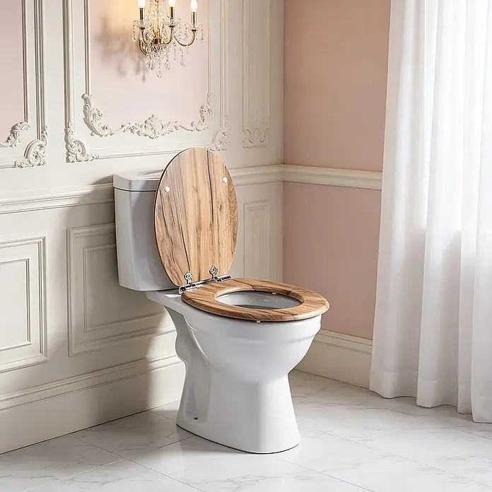 SAINOS WC-Sitz MDF WC-Sitz, Beige Holzoptik, Universal-O-Form, Absenkautomatik, Unten - MDF, Beige, Mit Absenkautomatik - Weißes WC mit offenem Holz-Sitz und Deckel in einem traditionellen Badezimmer.