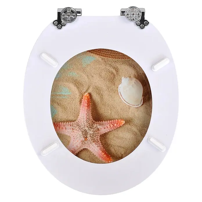 SAINOS WC-Sitz MDF WC-Sitz, Mehrfarbig, Universal-O-Form, Absenkautomatik, Unten - MDF, Mehrfarbig, Mit Absenkautomatik - Weißer Toilettensitzdeckel mit Chromscharnieren, verziert mit einer Strandszene aus Sand, Seestern und Muschel.