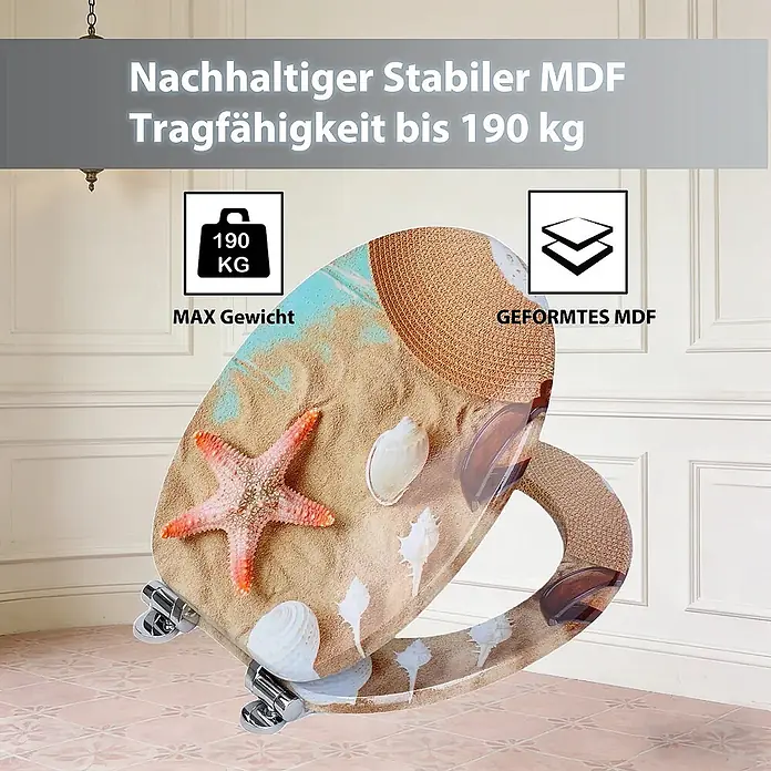 SAINOS WC-Sitz MDF WC-Sitz, Mehrfarbig, Universal-O-Form, Absenkautomatik, Unten - MDF, Mehrfarbig, Mit Absenkautomatik - Strand-Toilettensitz aus nachhaltigem MDF mit Seestern- und Muschelmotiv, belastbar bis 190 kg.