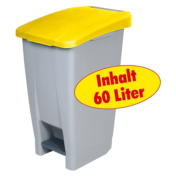 BRB Treteimer Tretabfalleimer mit Rollen, 60 Liter, HxBxT 70x38x49 cm, grau/gelb - 60 l, Kunststoff, grau/gelb - Grauer Treteimer mit gelbem Deckel, 60 Liter Fassungsvermögen.