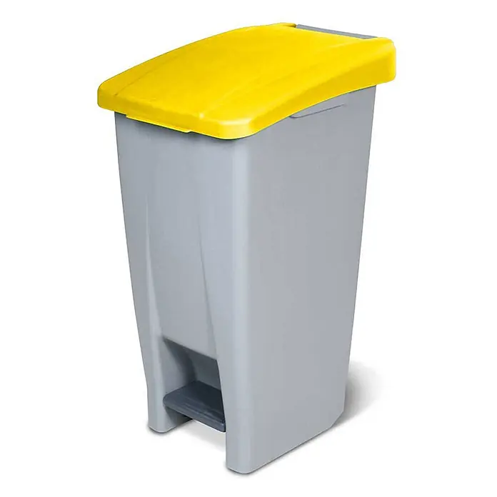 BRB Treteimer Tretabfalleimer mit Rollen, 60 Liter, HxBxT 70x38x49 cm, grau/gelb - 60 l, Kunststoff, grau/gelb - Grauer Treteimer mit leuchtend gelbem Deckel.