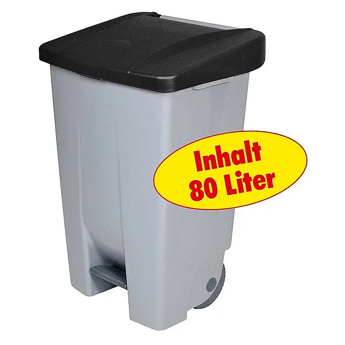BRB Treteimer Tretabfalleimer mit Rollen, 80 Liter, HxBxT 74x49x42 cm, grau/schwarz - 80 l, Kunststoff - Grauer Treteimer mit schwarzem Deckel, Rollen und 80 Liter Fassungsvermögen.
