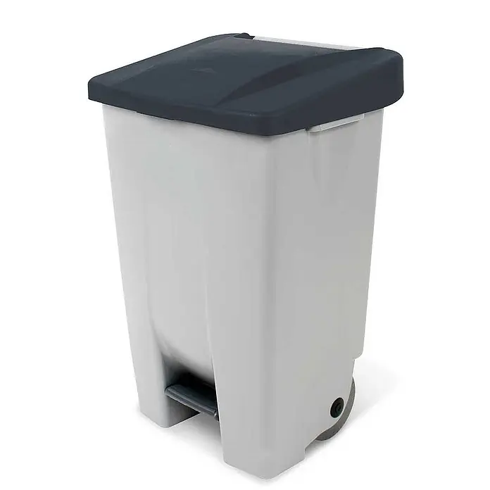BRB Treteimer Tretabfalleimer mit Rollen, 80 Liter, HxBxT 74x49x42 cm, grau/schwarz - 80 l, Kunststoff - Grauer Kunststoff-Treteimer mit dunkelgrauem Deckel, Fußpedal und Rollen zum einfachen Bewegen.