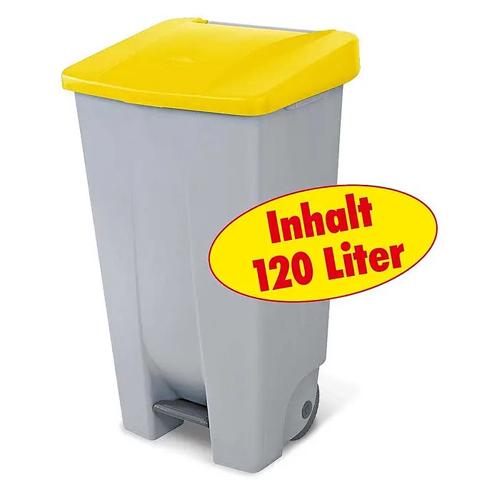 BRB Treteimer BRB Abfalleimer mit Rollen, 120 Liter, HxBxT 88x51x43 cm, grau/gelb - 120 l, Kunststoff - Grauer Treteimer mit gelbem Deckel und Rollen, 120 Liter Fassungsvermögen.