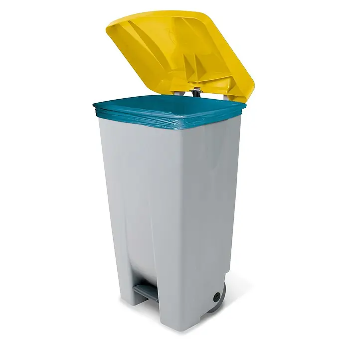 BRB Treteimer BRB Abfalleimer mit Rollen, 120 Liter, HxBxT 88x51x43 cm, grau/gelb - 120 l, Kunststoff - Grauer Treteimer mit geöffnetem gelbem Deckel, sichtbarem blauem Müllsack und Rollen.
