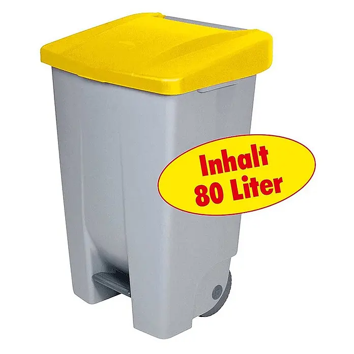 BRB Treteimer BRB Tretabfalleimer mit Rollen, 80 Liter, HxBxT 74x49x42 cm, grau/gelb - 80 l, Kunststoff - Grauer Tretmülleimer mit gelbem Deckel und Rollen, 80 Liter Fassungsvermögen.