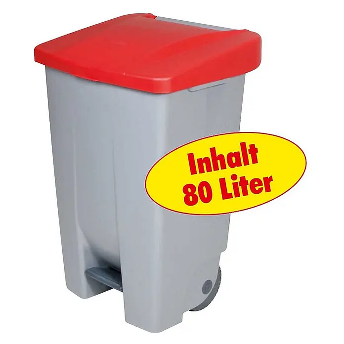 BRB Treteimer Tretabfalleimer mit Rollen, 80 Liter, HxBxT 74x49x42 cm, grau/rot - 80 l, Kunststoff - Grauer Abfalleimer mit rotem Deckel, Fußpedal und Rollen, Fassungsvermögen 80 Liter.