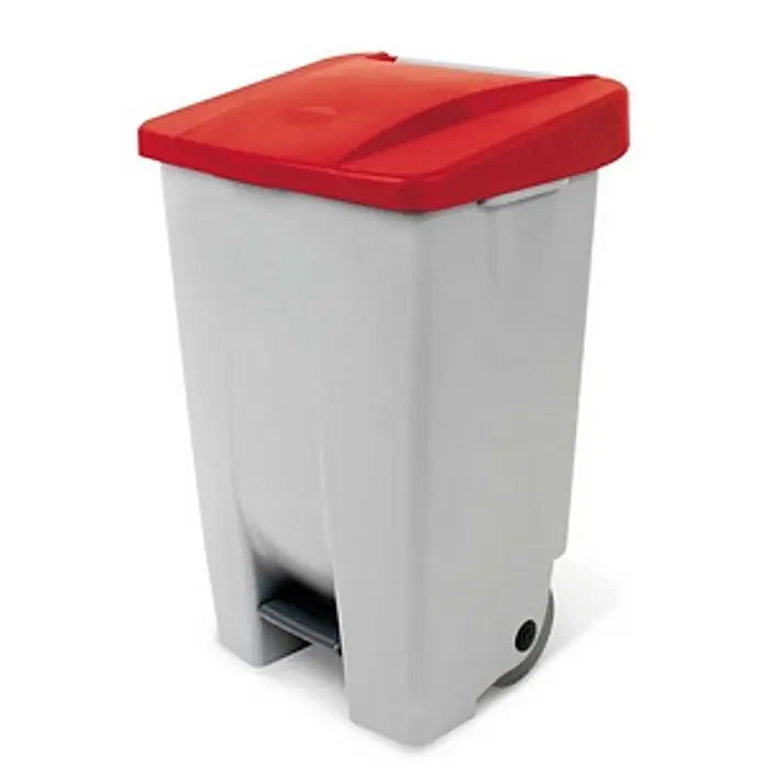 BRB Treteimer Tretabfalleimer mit Rollen, 80 Liter, HxBxT 74x49x42 cm, grau/rot - 80 l, Kunststoff - Grauer Kunststoff-Abfalleimer mit rotem Deckel, Fußpedal und Rollen für leichte Mobilität.