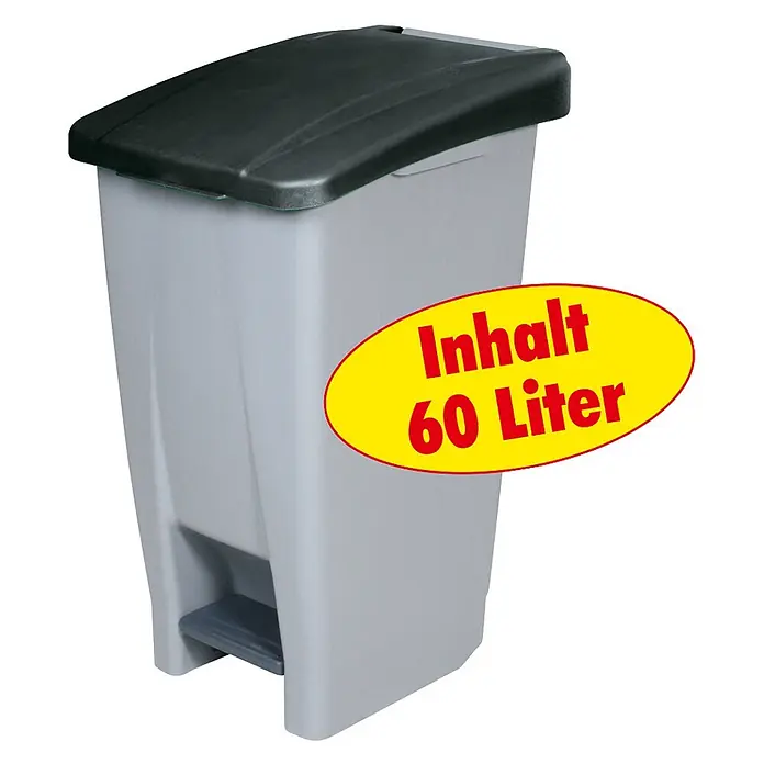 BRB Treteimer Tretabfalleimer mit Rollen, 60 Liter, HxBxT 70x38x49 cm, grau/schwarz - 60 l, Kunststoff, grau/schwarz - Hellgrauer Kunststoff-Tretmülleimer mit dunkelgrauem Deckel, 60 Liter Fassungsvermögen.