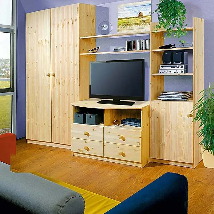 Leimholzplatte - Fichte, Qualitätsstufe Leimholzplatte: A/B, 1.200 x 400 x 19 mm - Fernsehschrank aus Kiefernholz mit Schrank, Regalen und Schubladen bietet viel Stauraum und Ablagefläche.