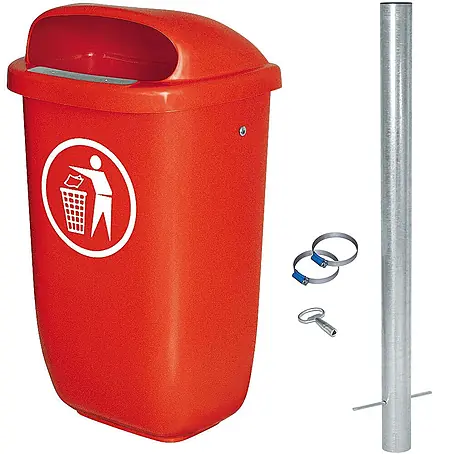 BRB  Papierkorb Abfallbehälter, 50 Liter, mit Schellenband/Rohrpfosten, rot