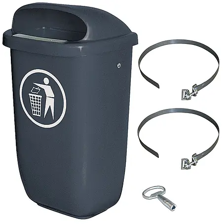 BRB Abfallbehälter für den Außenbereich, Inhalt 50 Liter, nach DIN 30713, im Komplettset mit Schellenband zur Pfahlbefestigung (anthrazit)