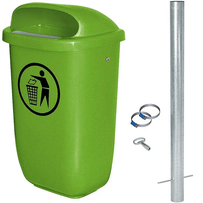 BRB Abfall-Behälter für den Außenbereich, Inhalt 50 Liter, nach DIN 30713, im Komplettset mit verzinktem Rohrpfosten -  - Grüner Kunststoff-Abfallbehälter mit 'Müll hier einwerfen'-Symbol, verzinktem Stahlpfosten, zwei Schellen und einem Schlüssel.