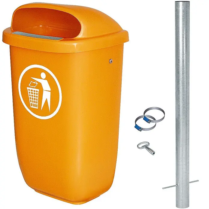 BRB Abfallbehälter für den Außenbereich, Inhalt 50 Liter, nach DIN 30713, im Komplettset mit verzinktem Rohrpfosten und Schellen - orange - Orangefarbener Kunststoff-Abfalleimer mit gewölbtem Deckel und Müllsymbol, inkl. Metallpfahl, Klemmen und Schlüssel.