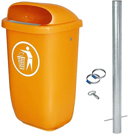 BRB Abfallbehälter für den Außenbereich, Inhalt 50 Liter, nach DIN 30713, im Komplettset mit verzinktem Rohrpfosten und Schellen (orange)