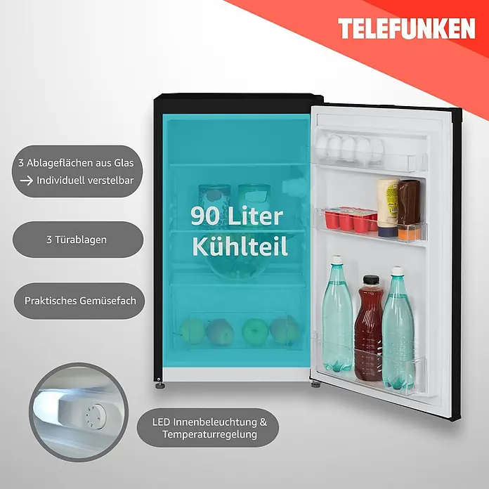 Telefunken Vollraumkühlschrank CF-31-121-B - Nutzinhalt Gesamt: 90 l, 50 cm x 480 mm x 830 mm, Schwarz