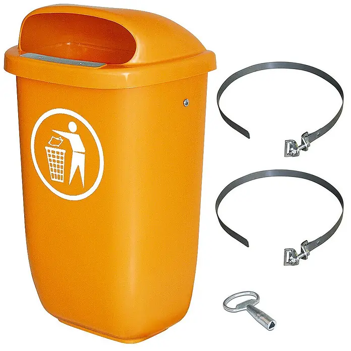 BRB Papierkorb Abfall-Behälter Außenbereich, Inhalt 50 Liter, mit Schellenband, orange - 50 l, Kunststoff, orange