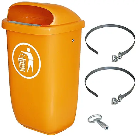 BRB  Papierkorb Abfall-Behälter Außenbereich, Inhalt 50 Liter, mit Schellenband, orange