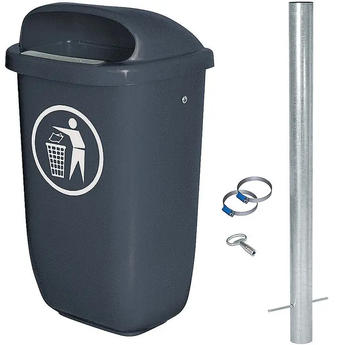 BRB Abfallbehälter für den Außenbereich, Inhalt 50 Liter, nach DIN 30713, im Komplettset mit verzinktem Rohrpfosten und Schellen - anthrazit - Dunkelgrauer Kunststoff-Abfallbehälter mit Müllsymbol, inkl. Metallstange, Schellen und Schlüssel zur Montage.