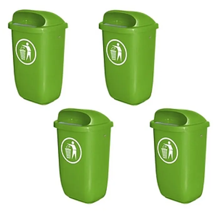 BRB Papierkorb 4 Abfallbehälter für den Außenbereich, 50 Liter, nach DIN 30713 - 50 l, Kunststoff, grün - Fünf grüne Abfalleimer, jeweils mit weißem Müllsymbol.