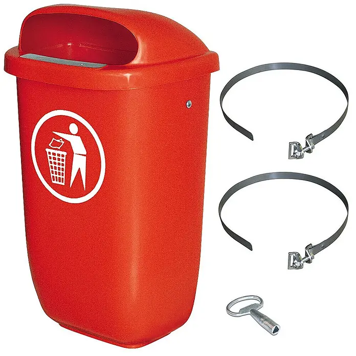 BRB Papierkorb Abfall-Behälter Außenbereich, Inhalt 50 Liter, mit Schellenband, rot - 50 l, Kunststoff, rot