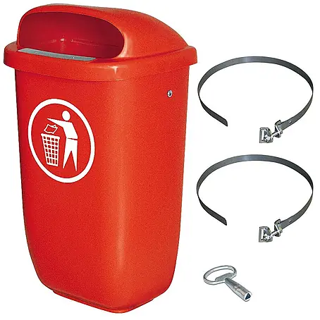 BRB  Papierkorb Abfall-Behälter Außenbereich, Inhalt 50 Liter, mit Schellenband, rot